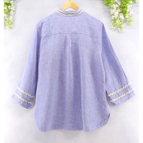 Chico's Women's Sz 3 Embroidered Linen Rick Rack Trim Tunic Blue Veil Top - Picture 2 of 9